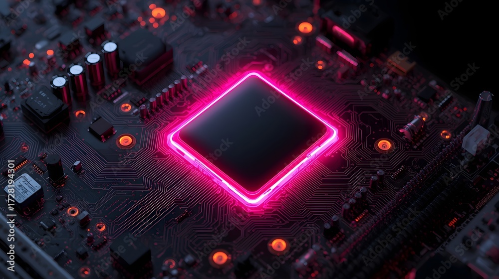 Fototapeta premium Futuristic close up of glowing microchip on dark motherboard surface with neon light effect, modern processor technology concept, artificial intelligence and high performance computing