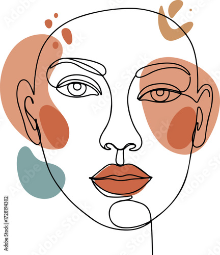Minimalist line art portrait of a serene human face with abstract elements.