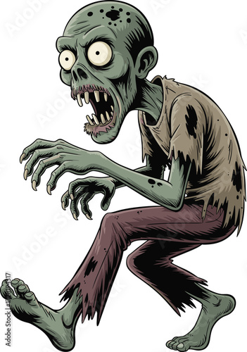 Cartoon zombie, green skin, bulging eyes, sharp teeth, tattered clothes, horror theme, vector art, creepy monster, Halloween design, undead character