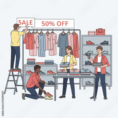 People working in a clothing store, setting up a sale, arranging clothes and shoes on shelves and racks.