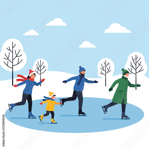 A family of four ice skating together on a frozen pond with snowy trees and a cloudy sky in the background.