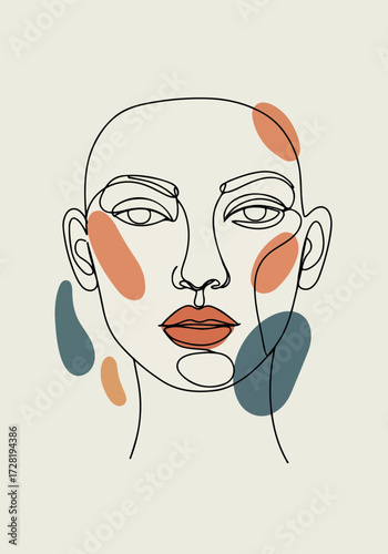 Minimalist line art portrait of a woman with colorful abstract shapes.