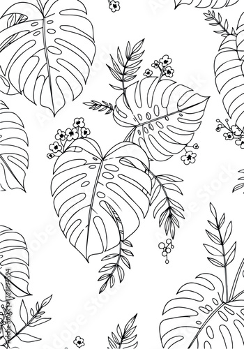Monstera leaves and floral elements pattern design in black and white.