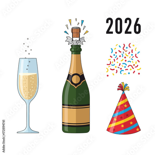 Illustration of a champagne bottle popping with a glass of champagne, confetti, and a party hat, with the year 2026.
