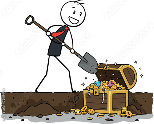 Person digging for treasure with a shovel and finding gold coins.