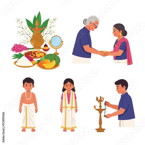 Illustrations depicting traditional South Indian cultural celebrations, rituals, and family interactions.