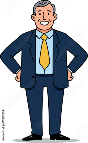 Smiling businessman in a navy suit with a yellow tie stands confidently.