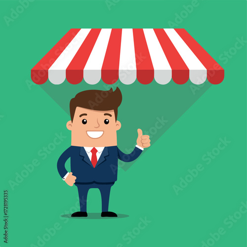 Smiling businessman under a red and white striped awning giving a thumbs up gesture.