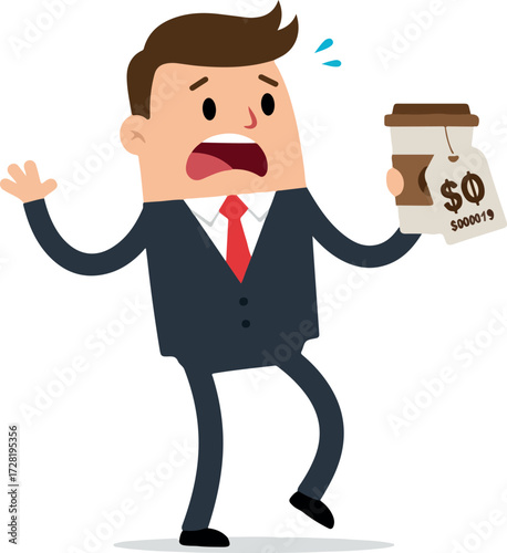 Shocked businessman holding coffee cup with zero dollar price tag.