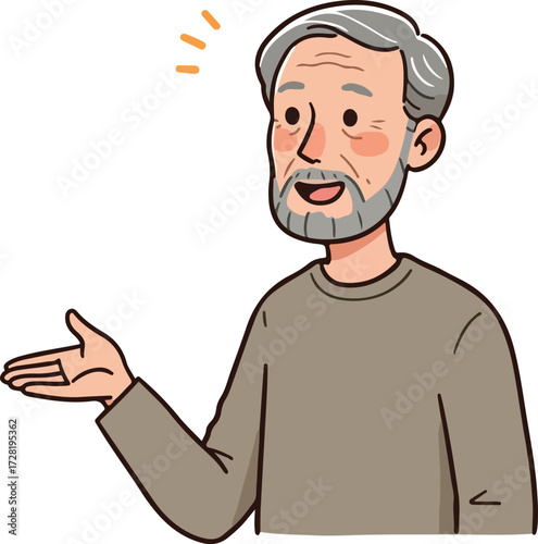 Smiling elderly man with gray hair and beard gesturing with his hand.