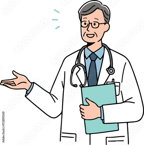 Smiling doctor in white coat holding clipboard gesturing with hand.
