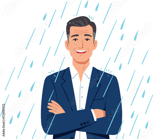 Smiling man in a suit standing in the rain with arms crossed.