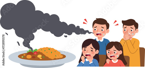 Smoke rising from food and people reacting with shock.