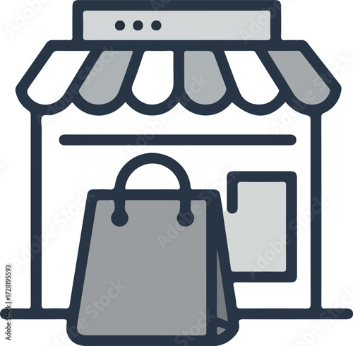 Shopping bag outside of a store front ready for purchases and transactions.
