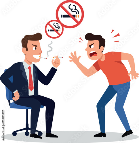 Smoking man ignores angry persons protest against smoking.