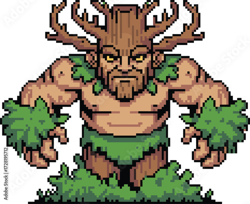 Pixel tree creature, forest guardian character, fantasy nature elemental, wooden humanoid monster, vector art, bark texture, leaves, antlers, mythical design