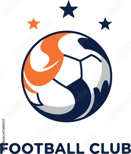 Soccer ball logo design for football club with stars and orange details.