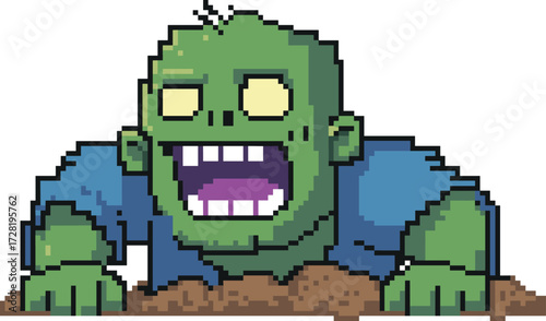 Pixel zombie crawling from ground, retro horror character, green undead monster, Halloween vector, scary face, glowing eyes, video game style