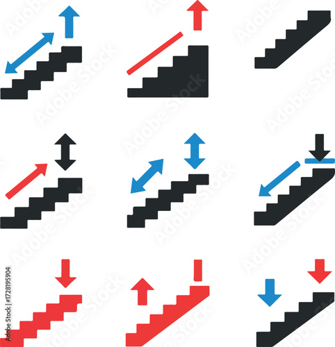 Staircase illustrations depicting ascent and descent with directional arrows.