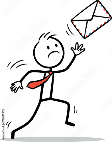 Stick figure man chasing an envelope with a sad expression on his face.