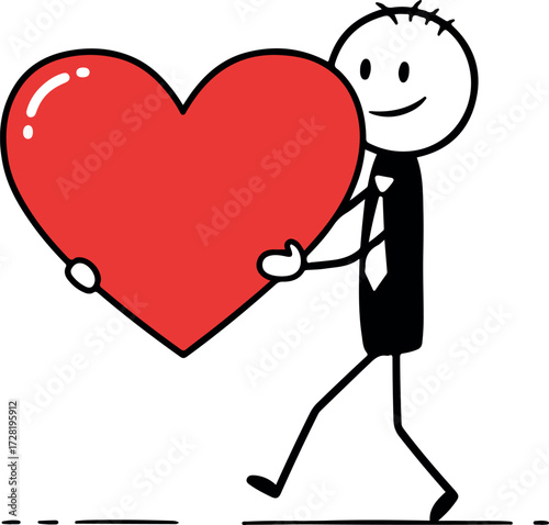 Stick figure carries a large red heart symbol of love and affection.