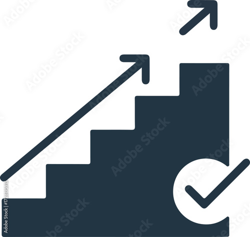Staircase with upward arrows and a checkmark symbolizing progress and success.