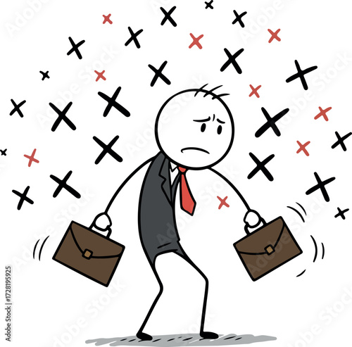 Stressed businessman carrying briefcases surrounded by negative symbols.