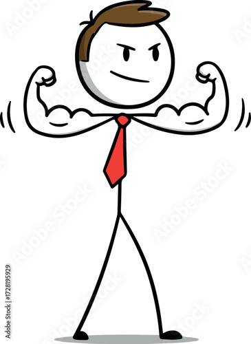Strong stick figure flexing muscles with red tie and determined expression.