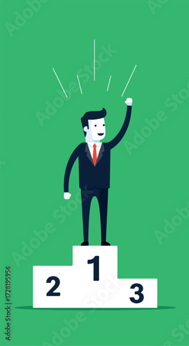 Successful businessman celebrating victory on the winners podium with raised arm.