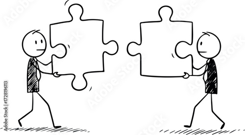 Teamwork and collaboration concept with two people holding puzzle pieces.