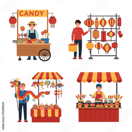 Illustrations of various market stalls, vendors selling candy, lanterns, and traditional Chinese food.