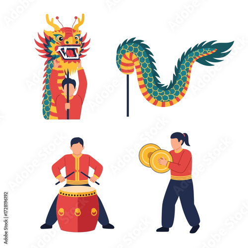 Colorful illustration depicting a traditional Chinese dragon dance performance with musicians.