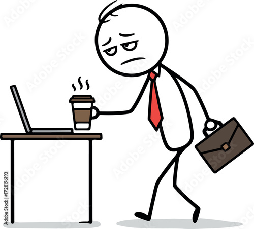 Tired businessman walking with coffee and briefcase near laptop.
