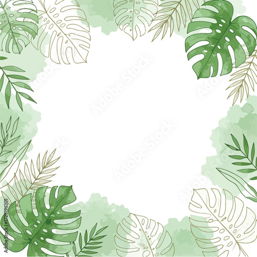 Tropical leaf arrangement with watercolor effect and golden outlines.