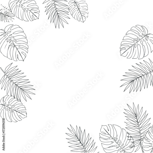 Tropical leaf outlines create a decorative border on a white background.