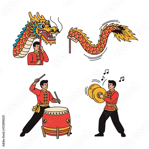 Illustrations of a Chinese dragon dance performance, featuring a dragon head, body, drummer, and cymbal player.