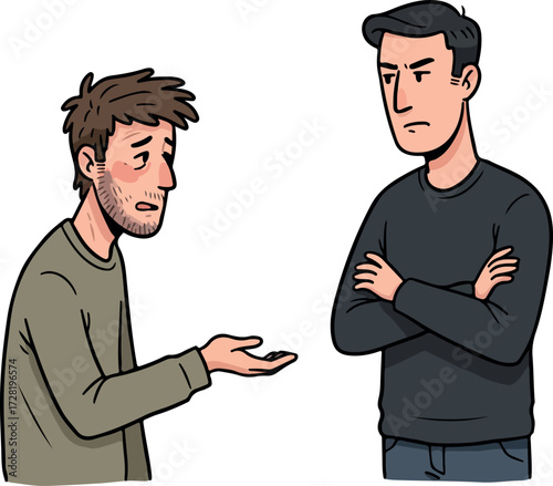 Two men in a tense conversation with expressions of concern and disapproval.