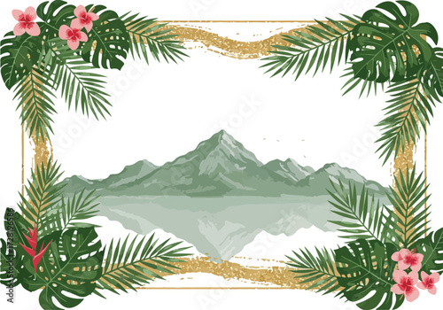 Tropical mountain landscape framed by lush green foliage and vibrant flowers.