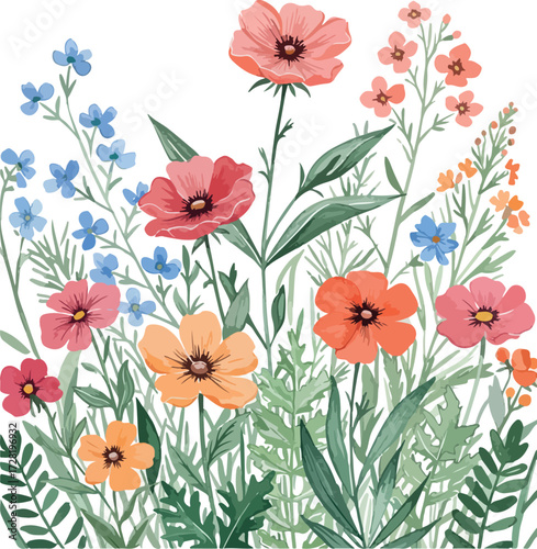 Vibrant watercolor floral arrangement showcasing colorful wildflowers and greenery.