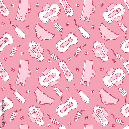 Women period doodle seamless pattern in flat style. Tampons and pads gynecological hygiene products template. Hand drawn background.