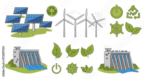 Set of hand-drawn renewable energy and ecology icons, including solar panels, wind turbines, and hydroelectric dams.