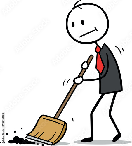Stick figure businessman sweeping dirt with broom focused on cleaning.