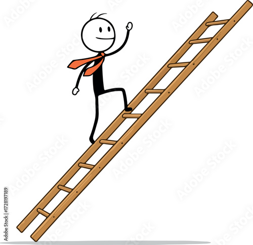 Stick figure climbs ladder towards success and achievement with determination.