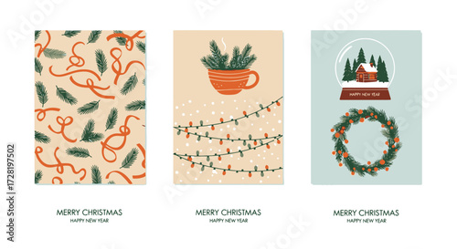 Festive Christmas Card Designs Featuring Sprigs, Ribbons, Lights, Wreath, and Snow Globe - Celebrate Holiday Cheer