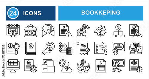 Minimalist bookkeeping line icon set with editable stroke, featuring fiscal year, calculator, savings, invoice, receipt, certificate, accountant, statements, and payment in clean thin linear style.