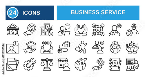 Minimalist business service line icon set with editable stroke, featuring banking, training, consulting, finance, communication, medical, utilities, insurance, and delivery in clean thin linear style.