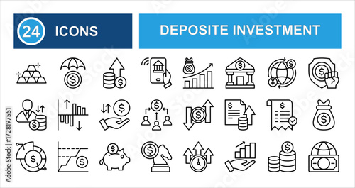 Minimalist deposit investment line icon set with editable stroke, featuring e-banking, data, insurance, savings, gold, profit, decision, and stock in a clean thin linear illustration style.