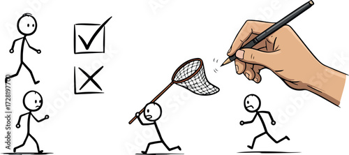 Stick figures running from pen and net with check marks.