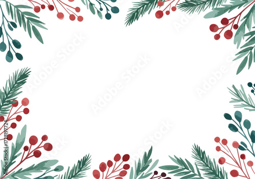 Watercolor Christmas frame with berries and green leaves on white background.