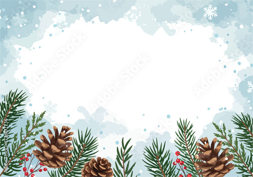 Watercolor Christmas pine cones and evergreen branches festive holiday season.